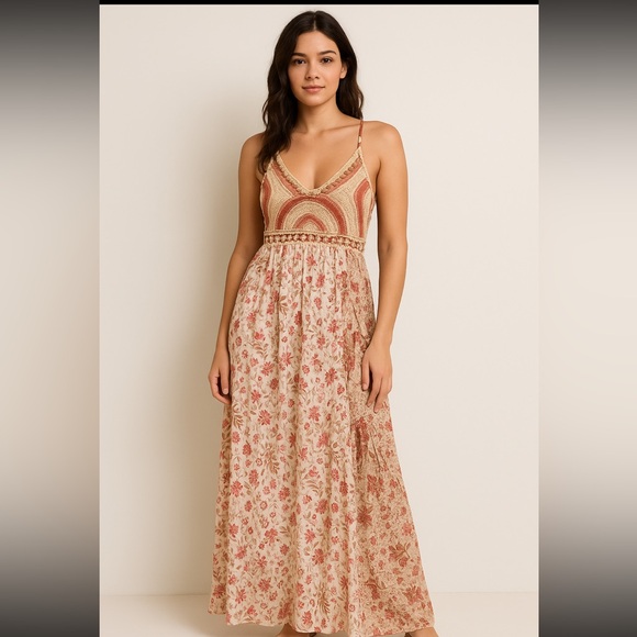 dusty rusty Dresses & Skirts - Bohemian Floral Maxi Dress in Red and Cream